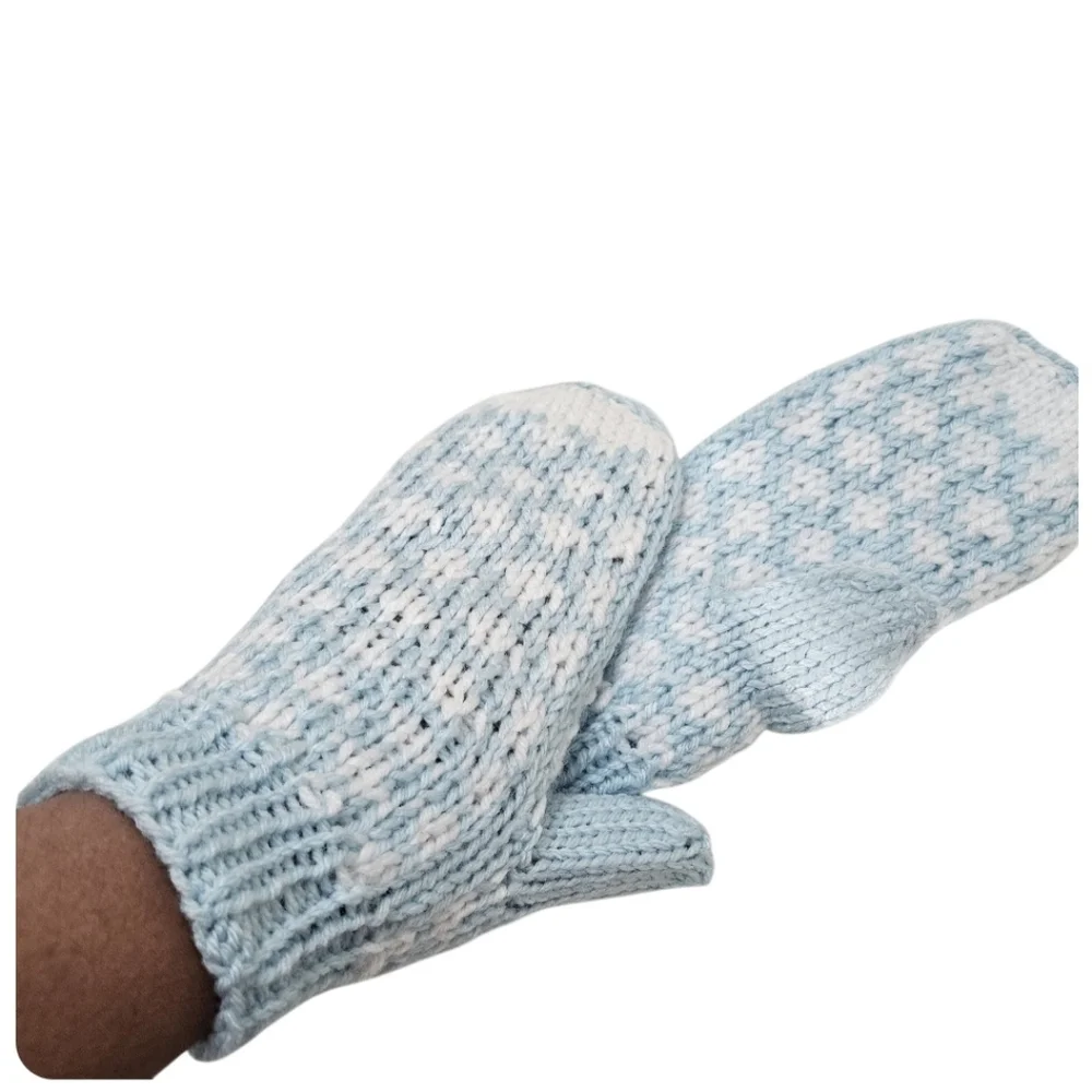 Handmade Blue & White Crochet Mittens with Heart Pattern –Winter Gift Kid's size